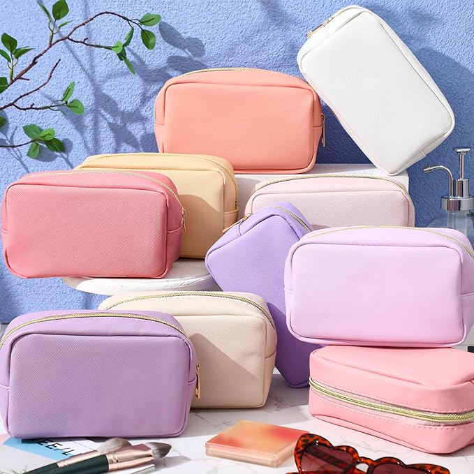 Sweetude 10 Pcs Makeup Bag Bulk for Women Preppy Gift PU Leather Cosmetic Bag Small Skincare Toiletry Pouch Mother Travel Cosmetic Pouch for Bridesmaid Bride Wedding Gift Favors (Pink and Purple)