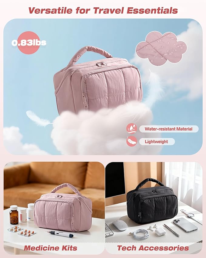 Marscamd Travel Makeup Bag for Women, Toiletry Organizer with Waterproof Pockets, Puffy Cosmetics Pouch for Makeup Brushes, Skincare & Travel Essentials, Pink (Bag only)