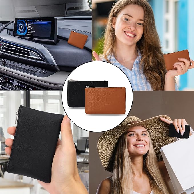KALIONE 2 Pack Coin Purse, Portable PU Leather Coin Purse with Zipper Coin Purse Mini Change Purse Small Coin Purse for Women Credit Card Folded Bills ID Key(Black&Light Brown)