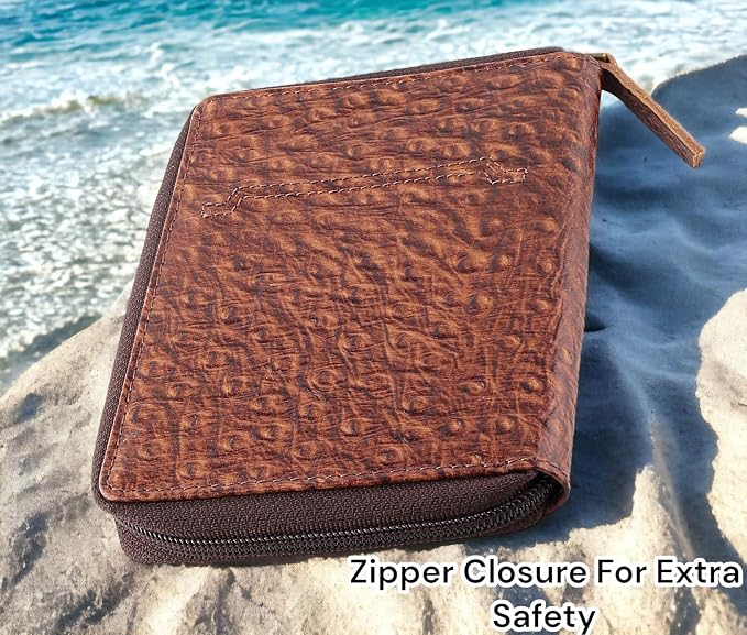 Passport Wallet - Travel Document Holder w/RFID Blocking – Full Grain Leather – Bifold compact zip around Wallet with Credit Card Slots for Women and Men,ostrich print,500-70