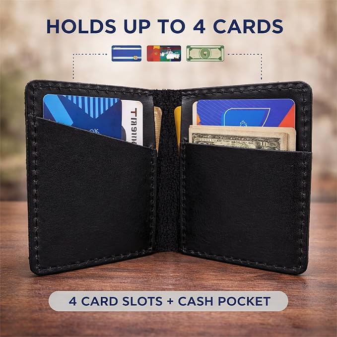 Genuine Leather Bifold Card Holder Wallet for Men & Women – Slim Minimalist Front Pocket Credit Card Wallet, Compact Leather Credit Card Case for Travel & Everyday Carry- Black