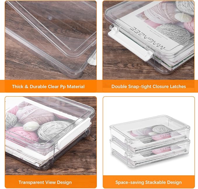 2 Pack Clear Plastic Stackable Storage Box File Protector Case Organizer Portable Project Case Document Holder for 9.2 x 13.6 Letter A4 File Paper, Plastic Storage Box Office Documents