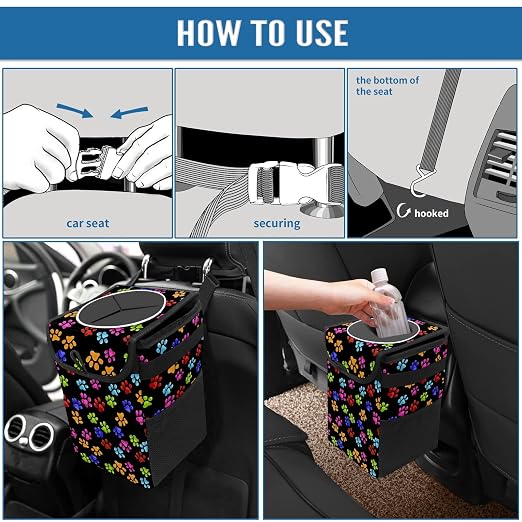 Paws Cat and Dog Print Car Trash Can with Lid Collapsible Reusable Waterproof Car Garage Bag,Automotive Garbage Can,Car Accessories Interior Car Organizer