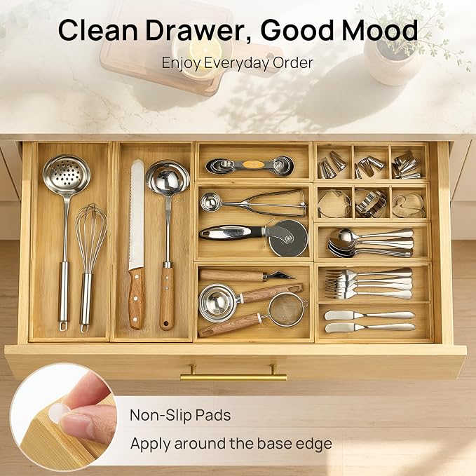 Vtopmart Bamboo Drawer Organizer Boxes - Set of 2 Multi-purpose Wooden Storage Dividers for Kitchen, Bathroom, Office, Desk, Makeup, Jewelry & More, Non-Slip Junk Drawer Organizer Trays for Storage