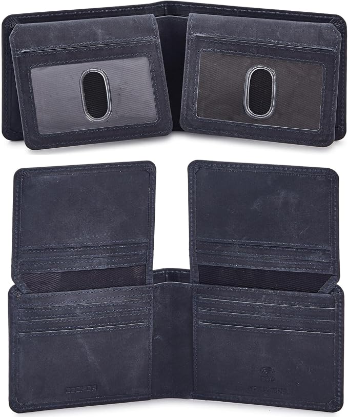 Cochoa Wallet for Men Bifold Leather RFID Blocking High Capacity Slim Card Case with 2 ID Window for Gift (Crazy Horse, Navy)
