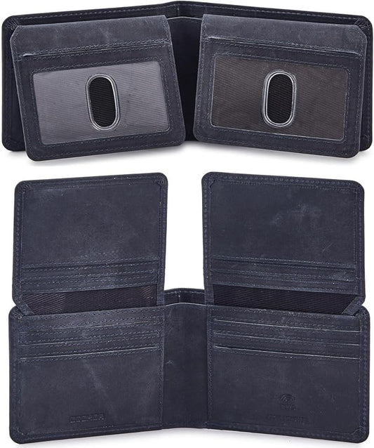 Cochoa Wallet for Men Bifold Leather RFID Blocking High Capacity Slim Card Case with 2 ID Window for Gift (Crazy Horse, Navy)