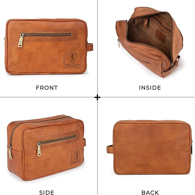 BERLINER BAGS Vintage Genuine Leather Toiletry Bag Paul, Large Capacity Cosmetics Bag for Men and Women for Travel - Brown (1 Compartment)