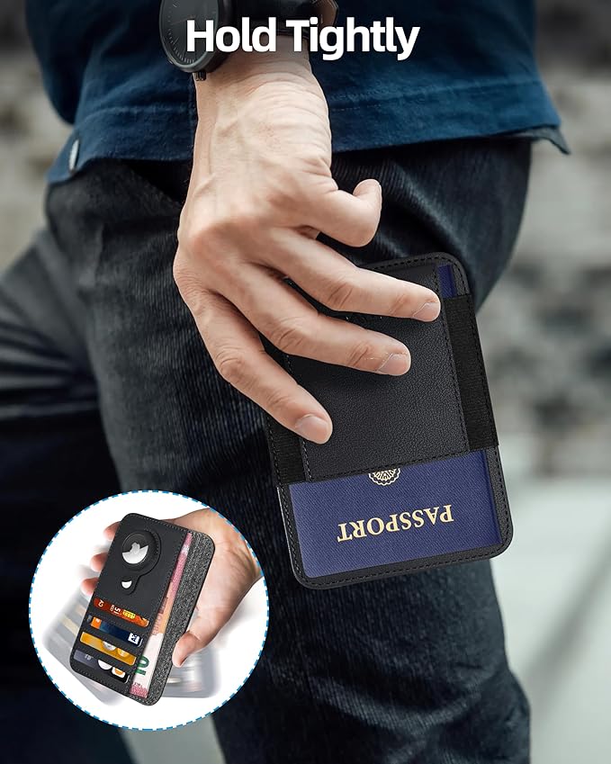 HiWe Passport Holder with AirTag Slot, Minimalist RFID Passport Holder for Travel, Leather Passport Wallet Cover Case for Men & Women, 4 Slots, 1 Pocket, Black