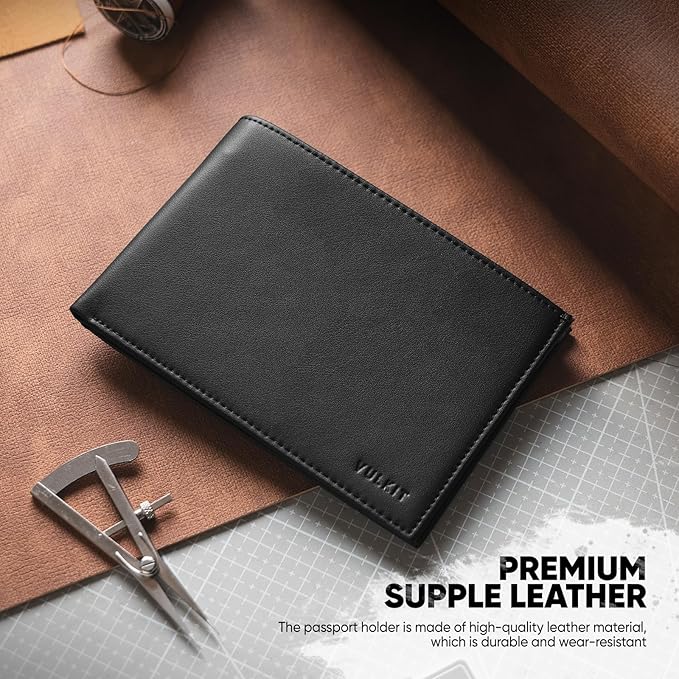 VULKIT Bilfold Passport Holder Leather RFID Blocking Passport Wallet with Hidden Pocket Slim Travel Documents Organizer for Men or Women (Passport, Card, Cash, Coin, SIM Card, Ticket)