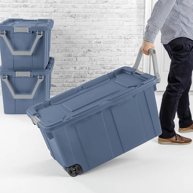 40 Gallon Heavy-Duty Rolling Storage Bins 2-Pack, Blue Industrial Plastic with Pivot Handle, Leakproof Lid & Latches, for Garage Workshop Equipment Transport & Storage