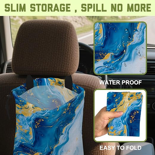 Car Trash Bag Abstract Blue Gold Fluid Marble Leak-Proof Waterproof Car Garbage Bag with Drawstring Foldable Canvas Trash Bin with Adjustable Buckle for Car Accessories