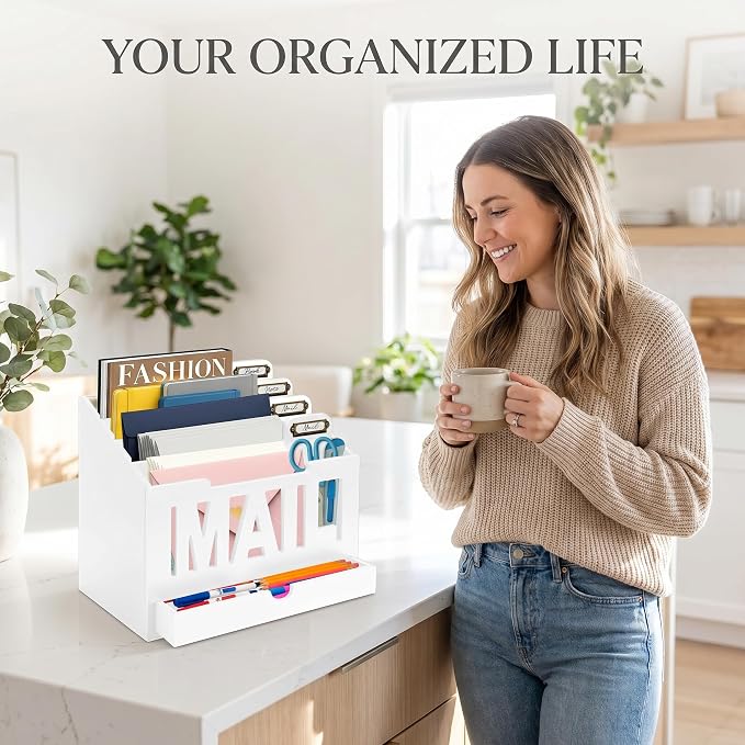 Mail Organizer Countertop – White Holder for Desk with 4 Slots, Drawer & Label Tags, Decorative Desktop Sorter, Envelope Tray for Home Office Organization (11x7x9.5 in)