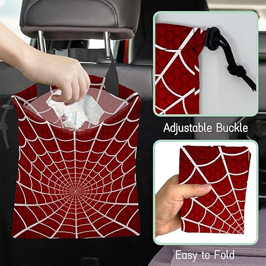 Spider Web on Red Car Garbage Bag,Waterproof Small Car Trash Bag Hanging Back of Seat,Drawstring Hanging Car Trash Bag with Adjustable Buckle for Car Accessories