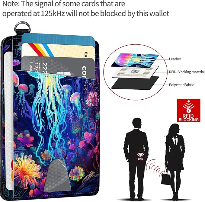Slim RFID Blocking Card Holder Wallet with Wrist Strap - Minimalist Front Pocket Wallet, Colored jellyfish Design, PU Leathe, for Men & Women, Ideal for Travel & Gifts