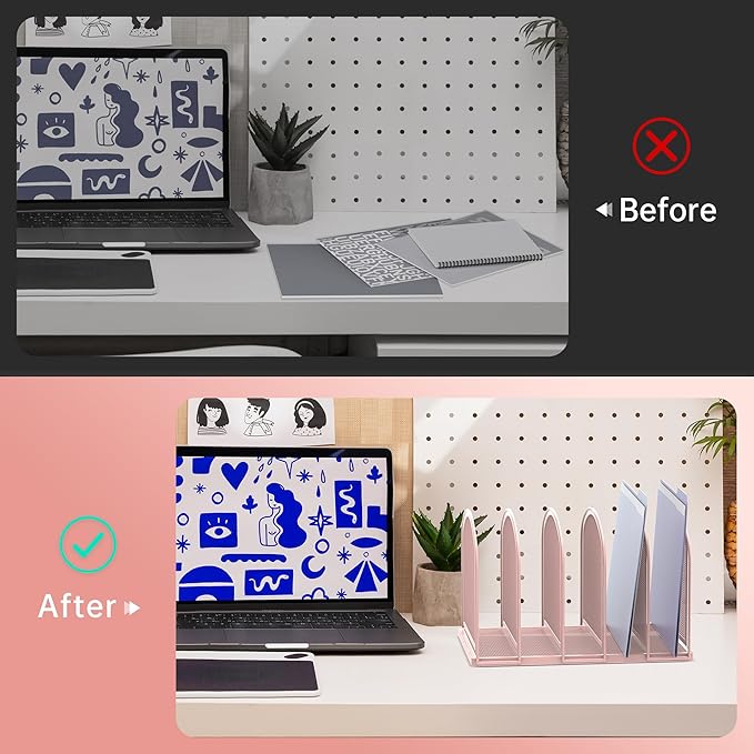 SUPEASY File Organizer for Desk, 5-Section Mesh Desk Organizer, Vertical File Holder Desktop Organizer File Sorter, File Folder Holder for Office Supplies, Pink