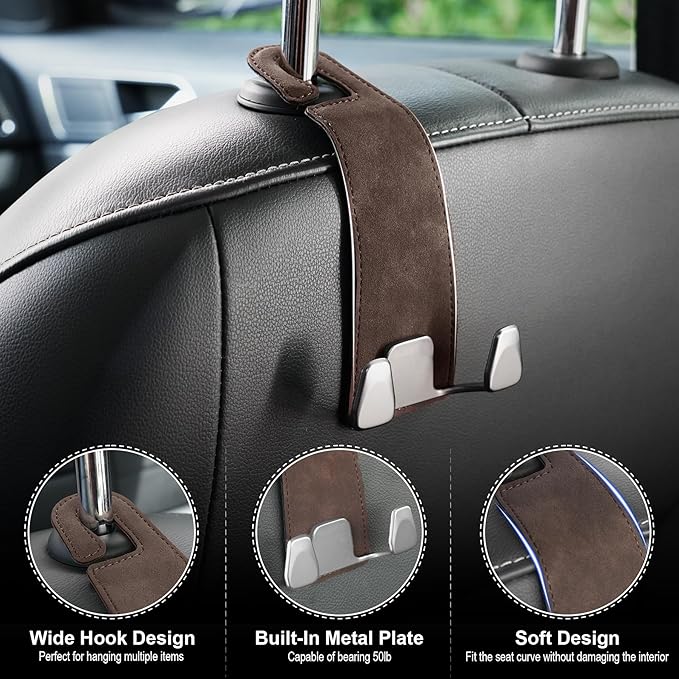 GaRhomxy Car Seat Headrest Hook, Premium Suede Double Hook 2 Pack, Universal Hanging Accessories for Purse, Bag, Groceries - Car Interior Accessories (Brown)