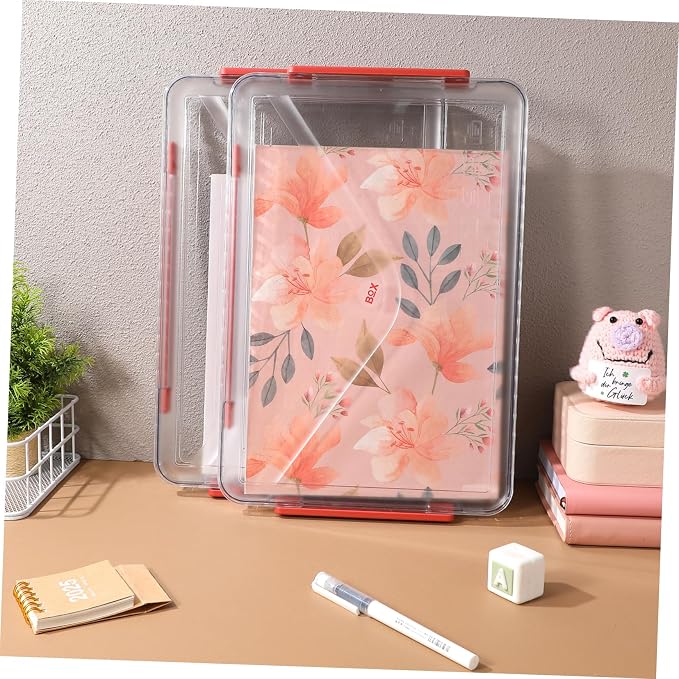 2pcs Clear Plastic File Storage Boxes with Lid and Handle Stackable Desktop Organizer for Documents Crafts and Office Supplies Portable Transparent Storage
