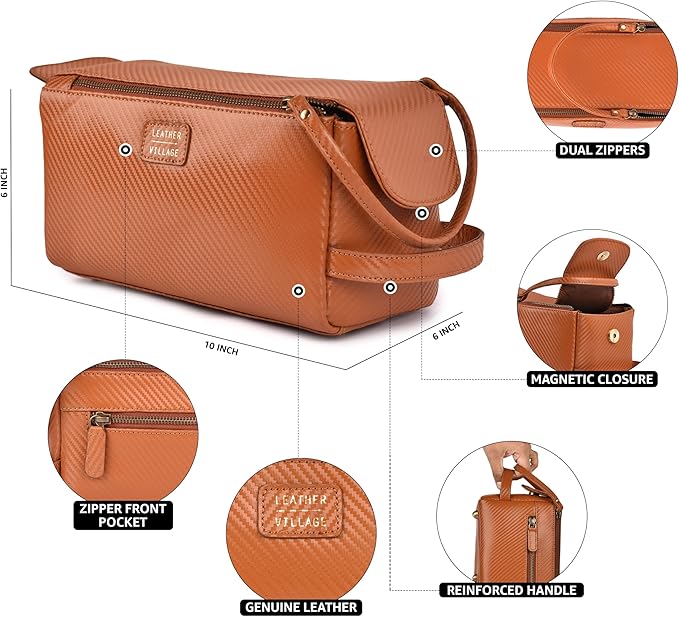 LEATHER VILLAGE Genuine Carbon Fiber Genuine Leather Travel Toiletry Bag - Large Dopp Kit, Water-Resistance Bathroom Kit & Shaving Organizer for Men & Women - Tan