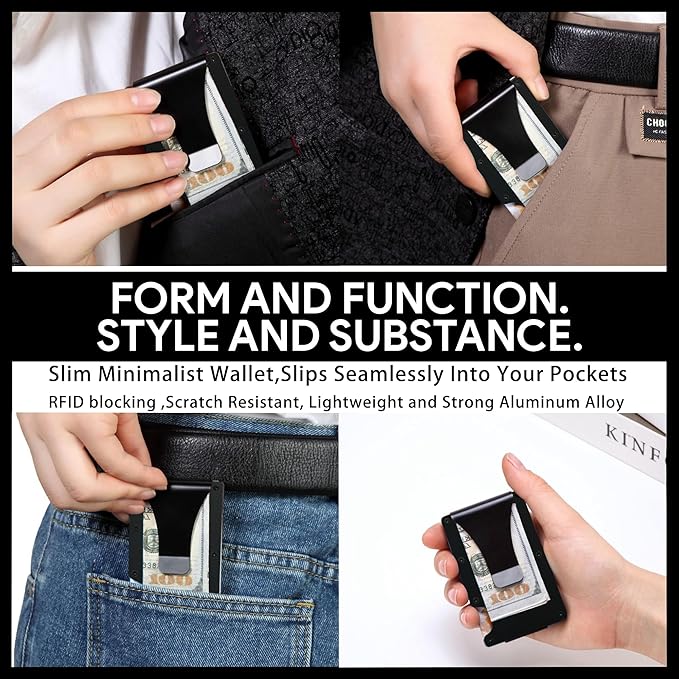 Slim Wallet for Men,RFID Blocking Minimalist Metal Wallet, Money Clip/Cash Holder, Front Pocket Aluminum Credit Card Holder, Ideal Gift for Men,Matte Black