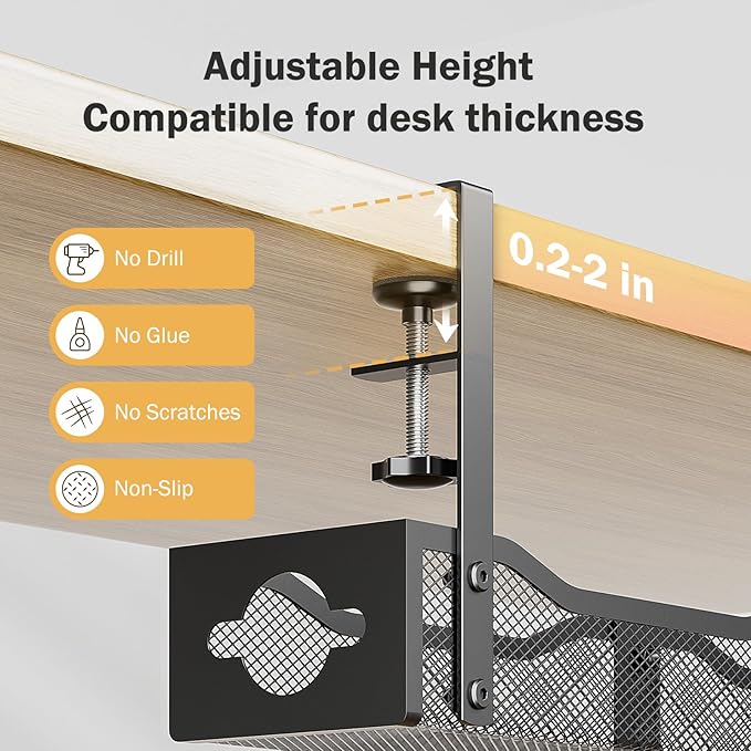 DELAMU 25'' Upgraded Under Desk Cable Management, No Dill Standing Desk Cord Management with Adjustable F-Clamp, Metal Desk Cable Organizer to Under Desk Organizer for Home Office, Black