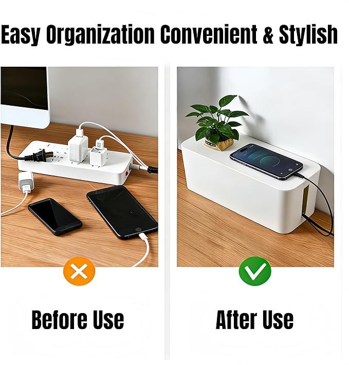 1 Large + 1 Small Cable Management Box Set – 2-Piece Cord Organizer Box, Home Office Desk Wire Storage & Cable Management Solution (Acryliclid lid/White)