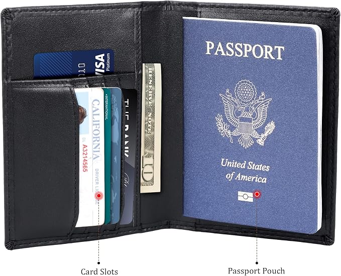 Polare Slim RFID Blocking Leather Passport Holder Travel Bifold Wallet For Men (Carbon Black)