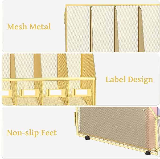 SUPEASY Desk Organizers Metal Desk Magazine File Holder with 5 Vertical Compartments Rack File Organizer for Office Desktop, Classroom, Home Workspace, Gold