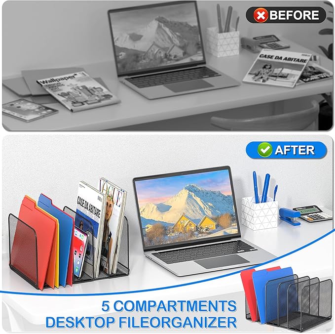 TOPCJ 5 Sections Desk File Holder/Rack/Sorter,Mesh File Organizer,File Folder Organizer,Metal Upright Desktop Organization for Documents,Magazine,Kitchenware,Antiskid,Antirust,Sturdy,1 Pack