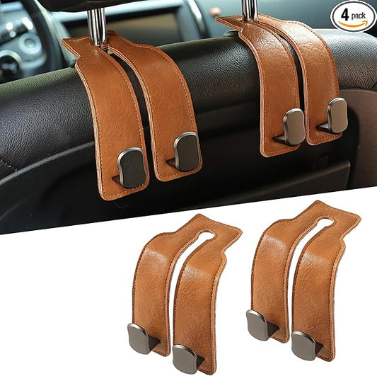 KINIVA Car Seat Headrest Storage Hooks, Set of 2, Suede PU Leather, Double Hooks (06-Brown)