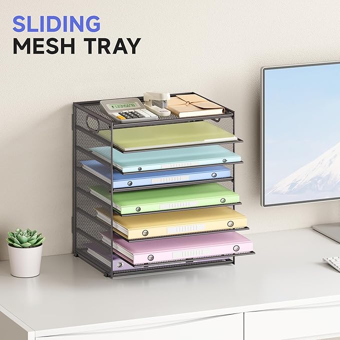 8 Tier Paper Organizer with Handle, Metal Mesh Desk File Organizer, Large Capacity Desk Organizers Paper Letter Tray Desktop Document Sorter for Office, Home or School-Grey