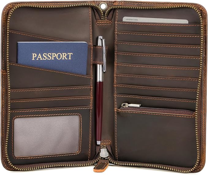 Polare Full Grain Leather Travel Passport Holder RFID Blocking Cover Case Travel Document Organizer Wallet Holders 2 Passports With YKK Zipper