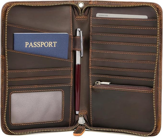 Polare Full Grain Leather Travel Passport Holder RFID Blocking Cover Case Travel Document Organizer Wallet Holders 2 Passports With YKK Zipper