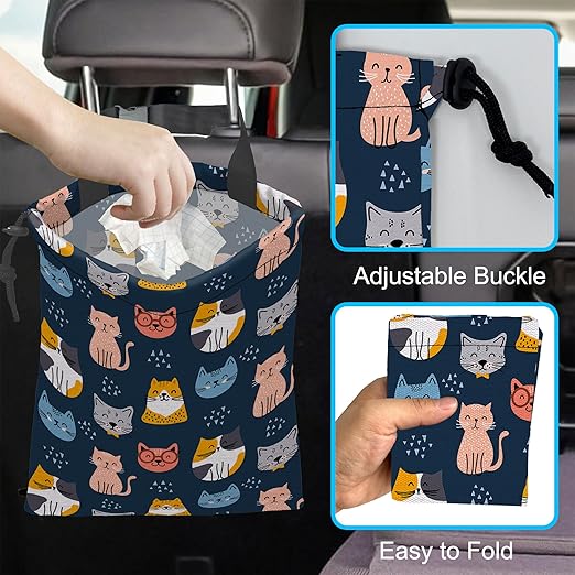 Car Trash Bag Cute Cat Car Garbage Bag Hanging Car Trash Can for Back Seat with Drawstring