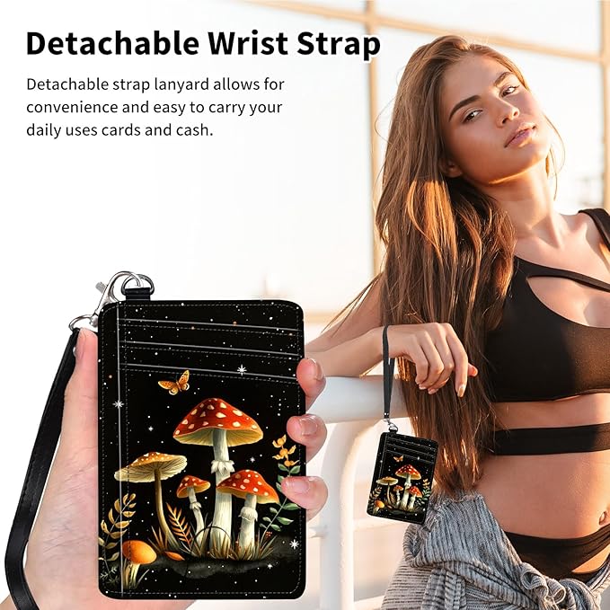 Slim Minimalist Front Pocket Wallet,Credit Card Holder Wallet for Women Men,RFID Blocking Credit Card Holder Case Leather Cute Small Thin Wallet ID Window&Wrist Strap,Red Mushroom Butterfly