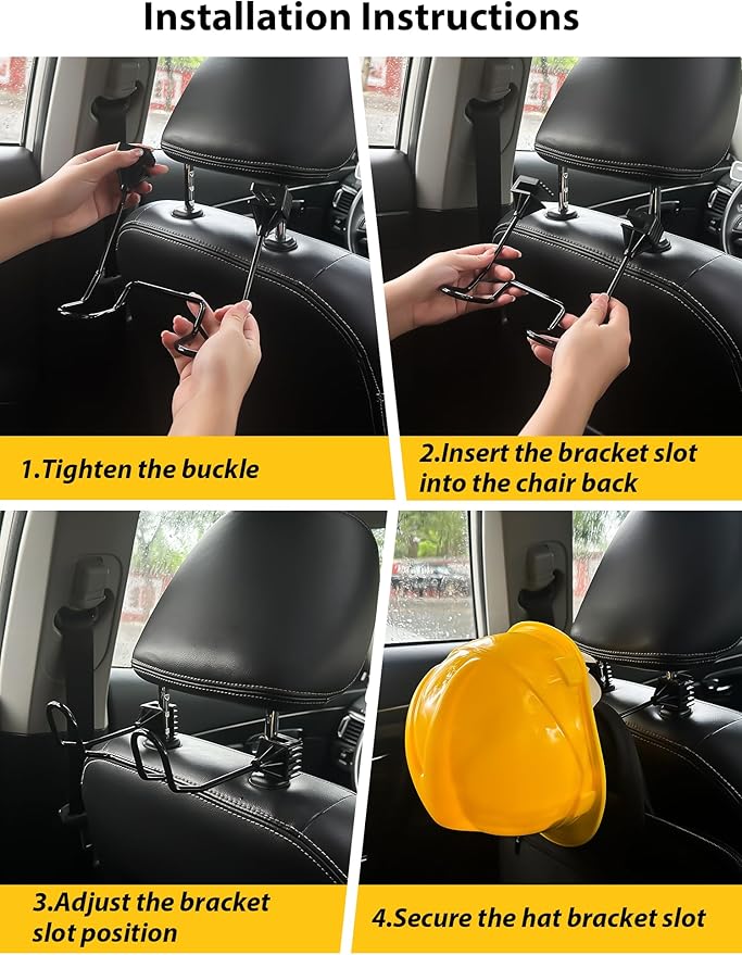 2 Pack Hard Hat Holder for Truck, Heavy Duty Metal Double Hook for Car Seat Headrest, Seat Back Hanger for Safety Helmet Vest Caps Jackets, Work Truck Accessories for Men Women