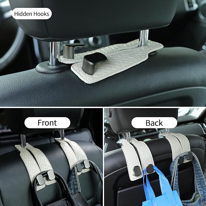 KINIVA Car Seat Headrest Storage Hooks, Set of 2, Suede PU Leather, Double Hooks (07-White)