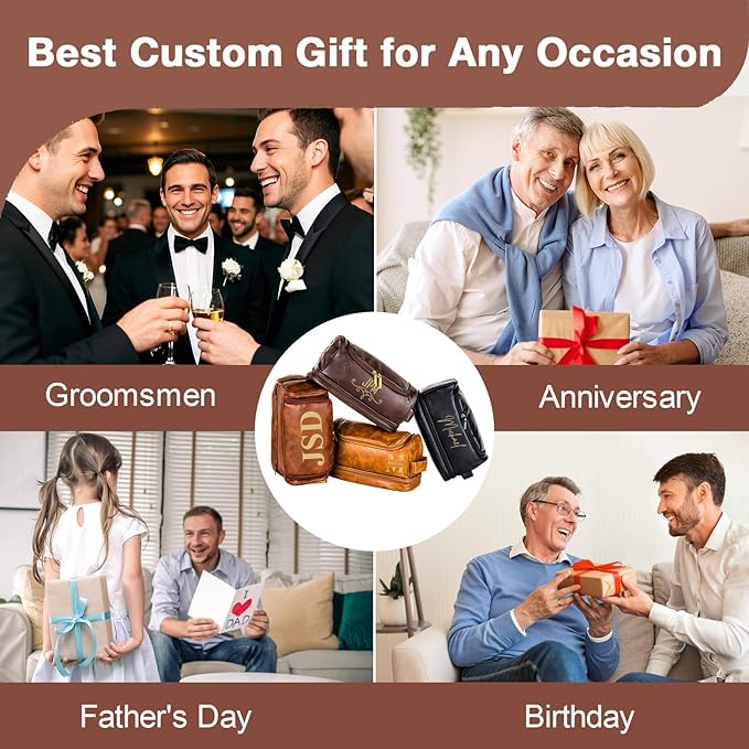 Personalized Leather Toiletry Bag for Men, Large Capacity Toiletry Travel Bag, PU Leather Waterproof Shaving Toiletry Bag, Travel Essentials Customized Gifts for Husband (Style 4)