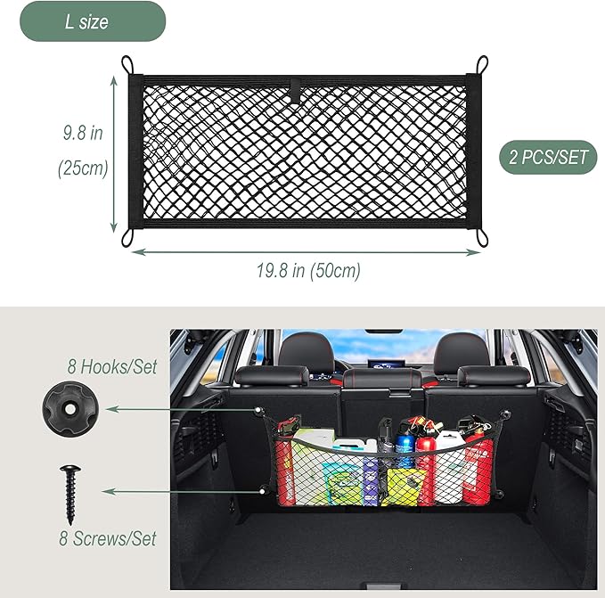 2 Layer Small Cargo Net,Cargo Storage Pocket Net, Mesh Elastic Pouch Organizer with Mounting Screws Hooks for Car,Rv, Trunk,Boats,SUV, Truck (2 Pack,19.8 x 9.8Inch(50 x25cm)