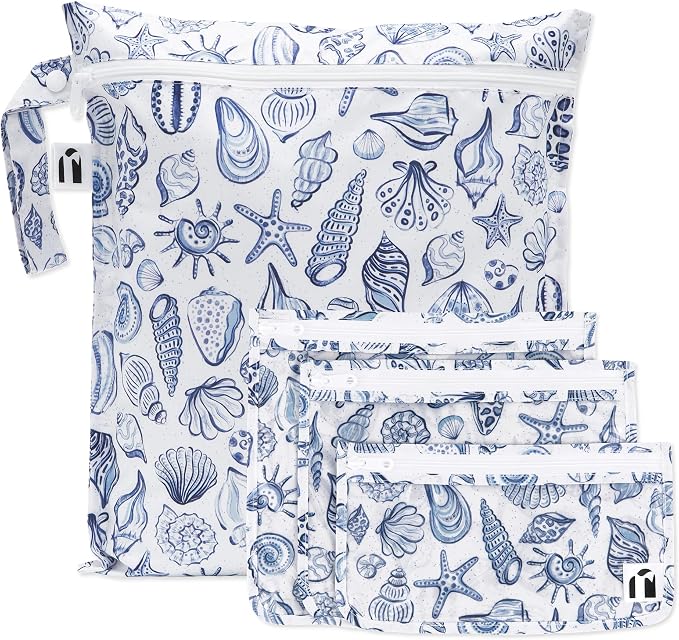 Bumkins Roamio Wet Bag and 3-Pack Clear-Sided Travel Pouches, Waterproof Fabric Organizer for Toiletries, Gym Clothes, Swim Gear, Shoes, Accessories, TSA Compliant Packing Set, Blue Shells 4-pc Set