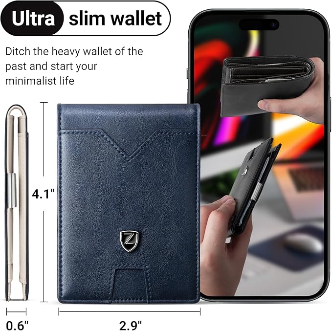 Zitahli Slim Wallet for Men with Money Clip, Minimalist Front Pocket RFID Blocking Leather Wallets Bifold Credit Card Holder, 11 Card Slots and ID Window with Gift Box