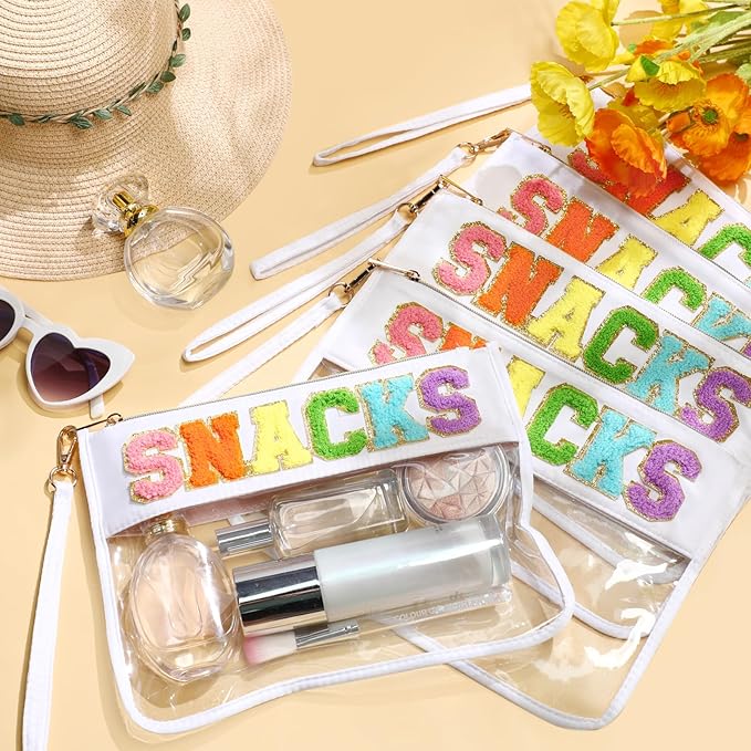 Abbylike 12 Pcs Snack Bags Clear Chenille Letter Snacks Zipper Pouch Waterproof PVC Large Travel Makeup Cosmetic Storage Organizer Bag for Mom Team Cheerleaders Teacher (White)
