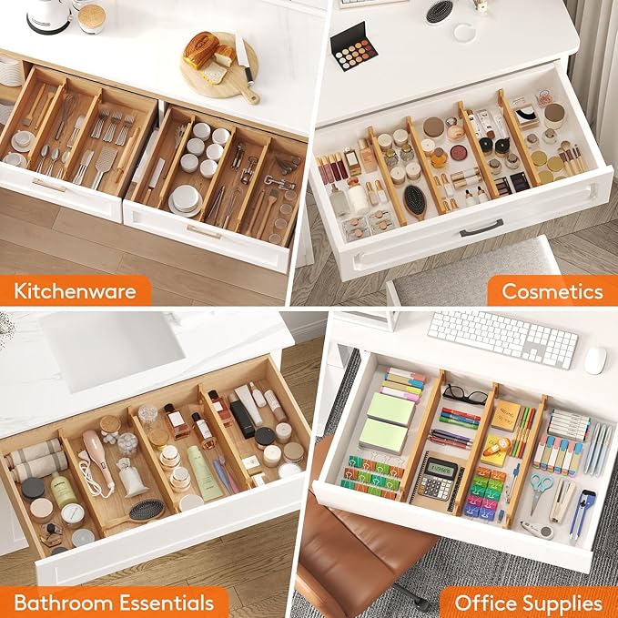 Lifewit 4" High 5 Pack Bamboo Drawer Dividers 43-54cm/17-21.5" Adjustable Wooden Drawer Organizer for Clothes/Utensils, Expandable Drawer Separator for Dresser/Kitchen/Bedroom/Office Organization