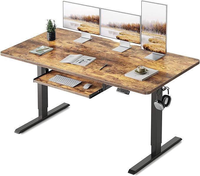 FEZIBO Standing Desk with Keyboard Tray, 60 x 24 Inch Adjustable Height Sit Stand Desk with Memory Presets for Home Office, Ergonomic Computer Workstation, Rustic Brown