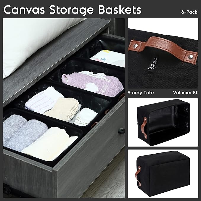 Hinwo 6-Pack Small Canvas Fabric Storage Baskets Set with Handles, Open Bins, Cube Organizer, Shelf Organizer Bins for Closet, 7.9L, 12 x 8 x 5 Inches (Black)