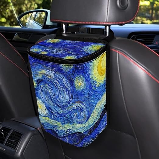 Van Gogh Starry Sky Car Trash Can Car Interior Accessories Organizer Garbage Bag Dustbin Container with Lid Waste Basket Storage Pockets Hanging Vehicle Trash Bin
