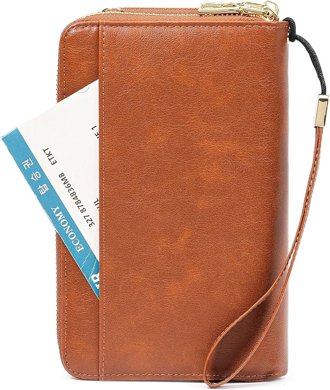 GOIACII Passport Wallet Travel Crossbody Bags for Women Wristlet Phone Purse Double Zip Vegan Leather Brown