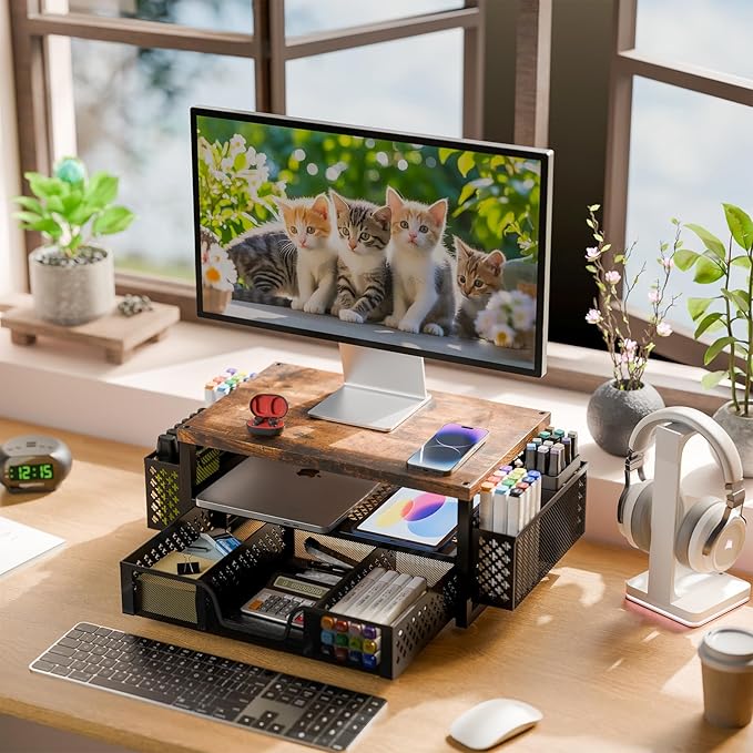 Simple Trending Desk Organizers and Accessories, Computer Monitor Stand Riser with Drawer and 2 Pen Holders, 2-Tier Computer Rack for Home Office, Wood