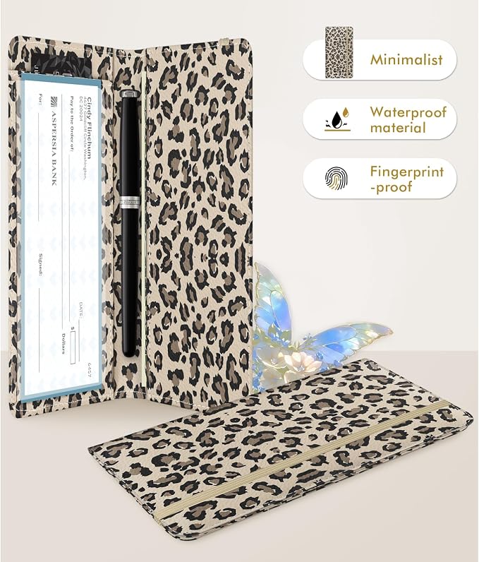 Checkbook Cover for Men Women, Premium Leather Checkbook Holder with RFID Blocking and Built in Clear Plastic Divider for Personal and Business Checks (Leopard-Yellow)