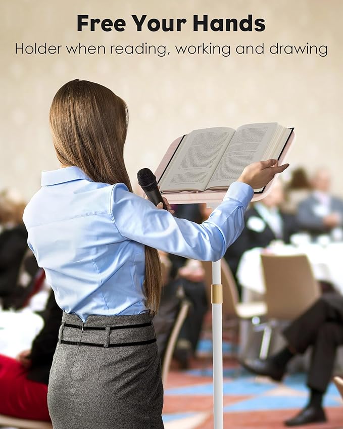 aboutool 2 in 1 Dual-use Floor Book Stand & Desktop Book Stand,Height Adjustable from 33-63in, Adjustable Book Holder with Elastic Page Clips for Music Scores, Recipe, Tablet, Laptop(White)