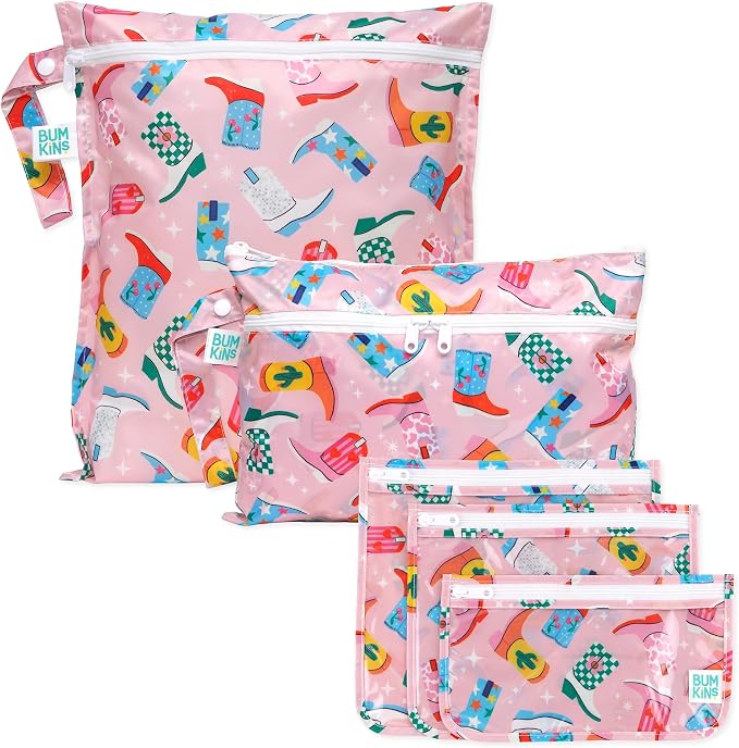 Bumkins - Waterproof Wet Bag, Wet/Dry Clutch & Clear Travel Bags - For Beach, Baby, Travel, Cloth Diapers, Pump Parts, Pool, Gym, Toiletries - Reusable & Easy to Clean - Cowgirl Boots - 5 Pack